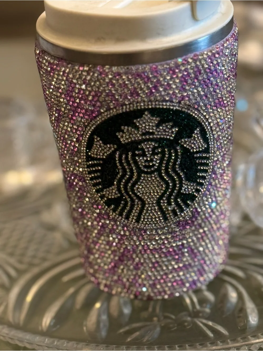 Ideal !Sparkling purple white Rhinestone crystal temp temp check Travel Tumbler